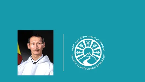 Image of the minister responsible for the Department of Environment, Honourable Brian Koonoo on light blue background and next to the Nunavut Climate Change Secretariat Logo.  