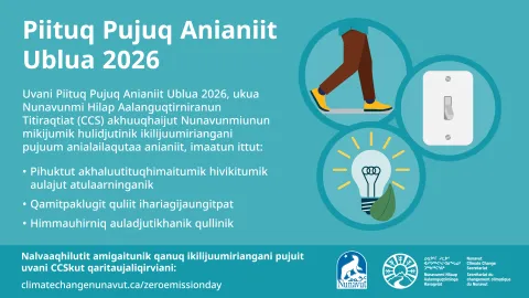 Zero Emissions Day 2026 graphic from the Nunavut Climate Change Secretariat. Nunavummiut are encouraged to reduce greenhouse gas emissions by walking instead of driving for short trips when possible, turning off lights when not needed, and switching to energy-efficient bulbs.